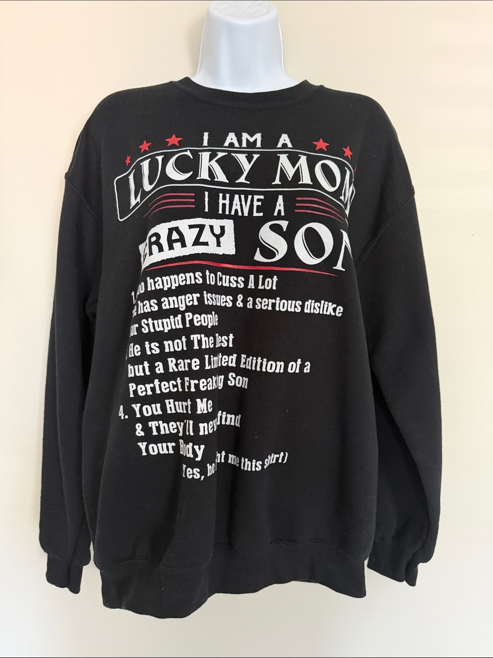 Gildan Black Sweatshirt with White and Red Printed Text